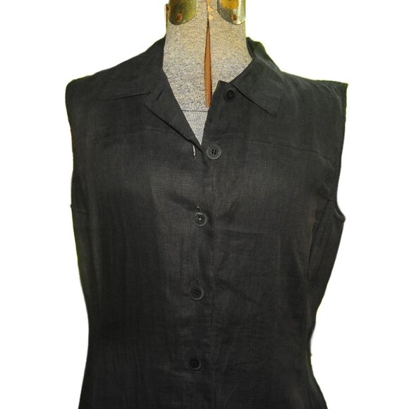 Women's Black Linen Button Front Sleeveless Midi Dress by Vivace Size 10 Unlined - Picture 2 of 7